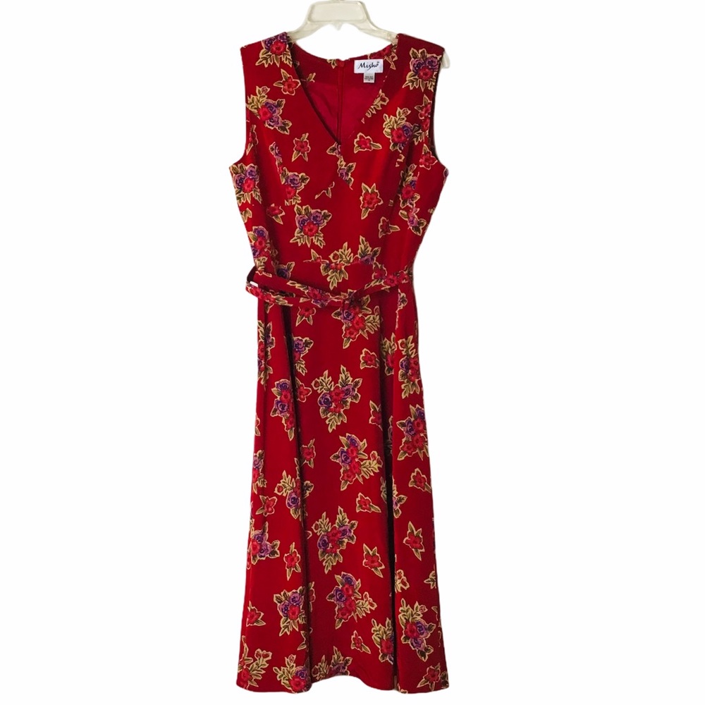 Misho Red Floral Sleeveless Silk Belted Dress